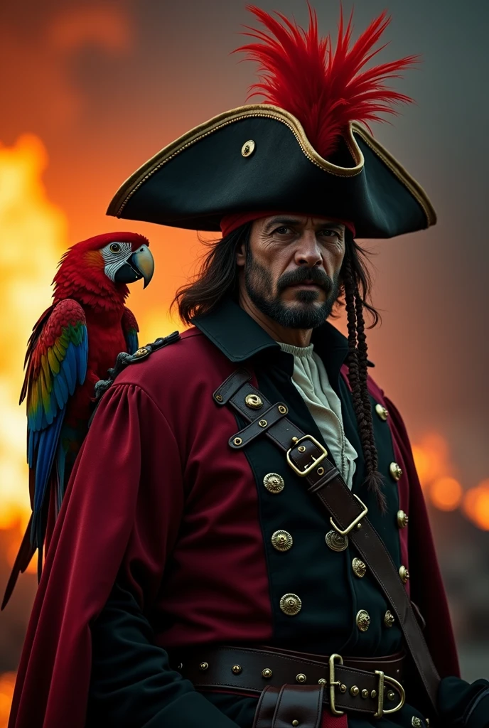 a parrot pirate captain wearing an old tricorn hat and black outfit, he has red feathers, (has a red parrot on his shoulder, red parrot:1.3) fire in background, cinematic photography, cinematic lighting, dramatic shadows, dynamic light reflections:1.2) hkpirate, masterpiece, best quality, highly detailed, sharp focus, dynamic lighting