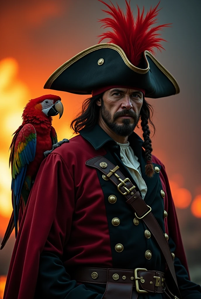 a parrot pirate captain wearing an old tricorn hat and black outfit, he has red feathers, (has a red parrot on his shoulder, red parrot:1.3) fire in background, cinematic photography, cinematic lighting, dramatic shadows, dynamic light reflections:1.2) hkpirate, masterpiece, best quality, highly detailed, sharp focus, dynamic lighting