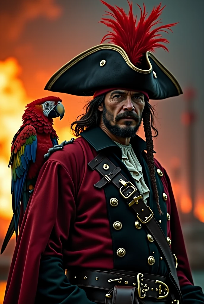 a parrot pirate captain wearing an old tricorn hat and black outfit, he has red feathers, (has a red parrot on his shoulder, red parrot:1.3) fire in background, cinematic photography, cinematic lighting, dramatic shadows, dynamic light reflections:1.2) hkpirate, masterpiece, best quality, highly detailed, sharp focus, dynamic lighting