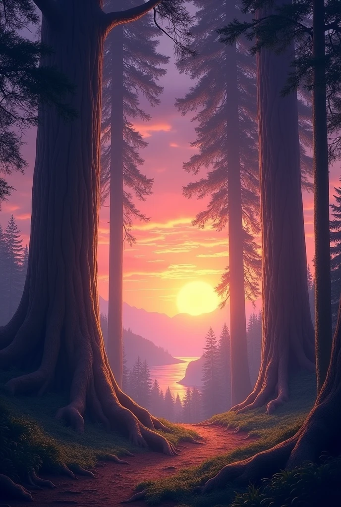 A serene forest at dusk, with the sky painted in shades of purple and orange as the sun sets. Tall, ancient trees stand with their roots deep in the earth, while a light mist begins to settle. The scene is bathed in a mystical, golden light, suggesting a divine presence. In the distance, a wide river glistens, and the silhouettes of distant mountains can be seen under the fading light."