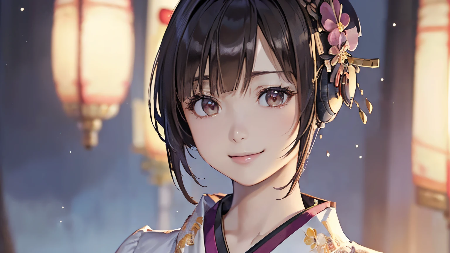 ((a closeup, top-quality, high detailing, rich skin detail, nffsw)), (Best Quality, 8K, Oil Painting, masutepiece:1.2), ((top-quality, 32K, nffsw:1.2)), (Raw photography), (realistic), (Photorealsitic:1.2), (((high resolution))), ((ultra-detailliert)), ((extremely beautiful face and eyes, 1girl in, round small face, big breasts thin waist)), (((upper body shot))), (((bust shot))), (((Short hair))), (((Girly hairstyles))), (((She wears kimono))), (((kindly smile))), (((Laughing))), (((emphasis on the chest))), (((Hands behind the body))), ((headphones)), ((background: night, starry sky)), ((ukiyo-e style)), ((smile)), ((1 girl)),
