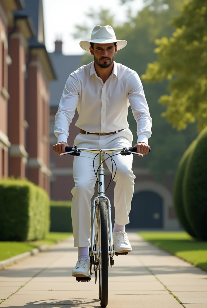A 26-year-old man with a bicycle wearing white clothes and white hats in a school