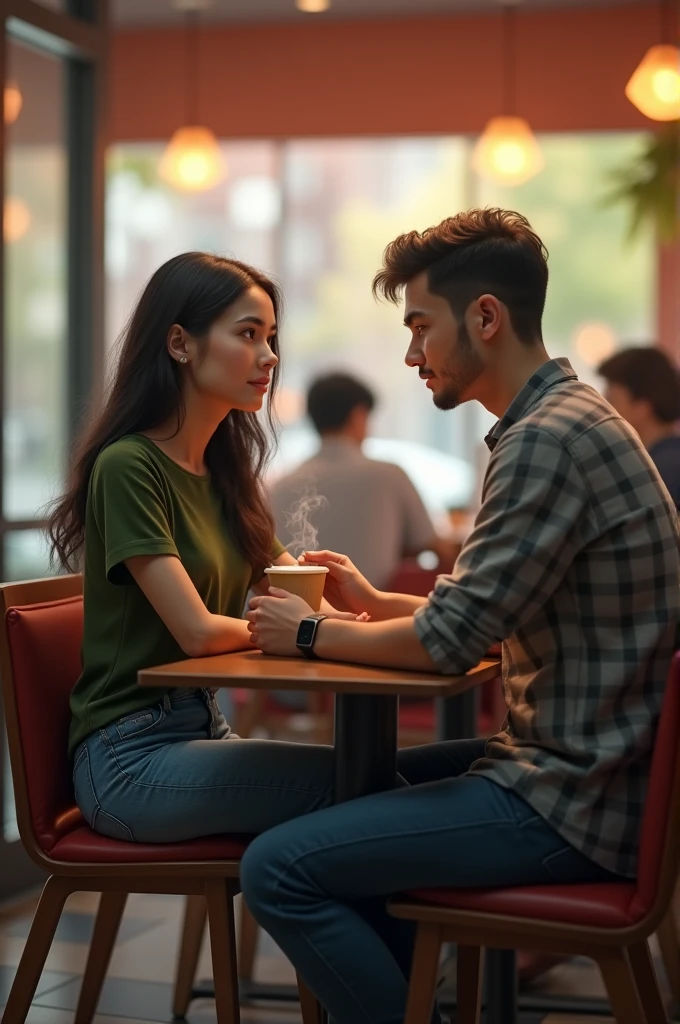 A couple is sitting and talking in the cafeteria, the boy is a little nervous, the boy is wearing a gray check shirt and smart watch, and the girl is wearing a green top and jeans.
