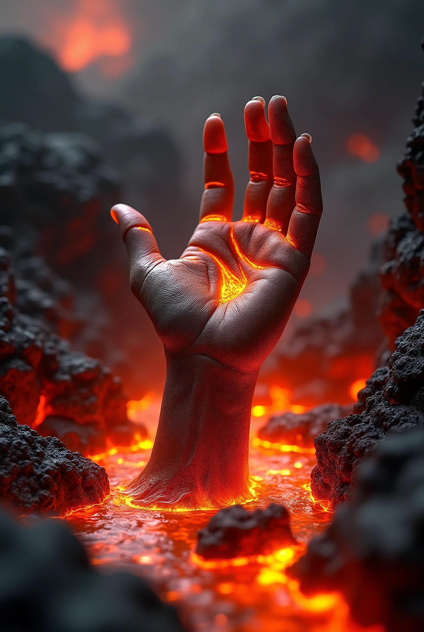 a detailed hand reaching up from a pool of glowing lava, orange and red molten rock, dramatic lighting, cinematic composition, intricate details, best quality, 8k, highres, masterpiece:1.2, ultra-detailed, realistic, photorealistic, photo-realistic:1.37, HDR, UHD, studio lighting, ultra-fine painting, sharp focus, physically-based rendering, extreme detail description, professional, vivid colors, bokeh, dark fantasy, dramatic, hyper-realistic