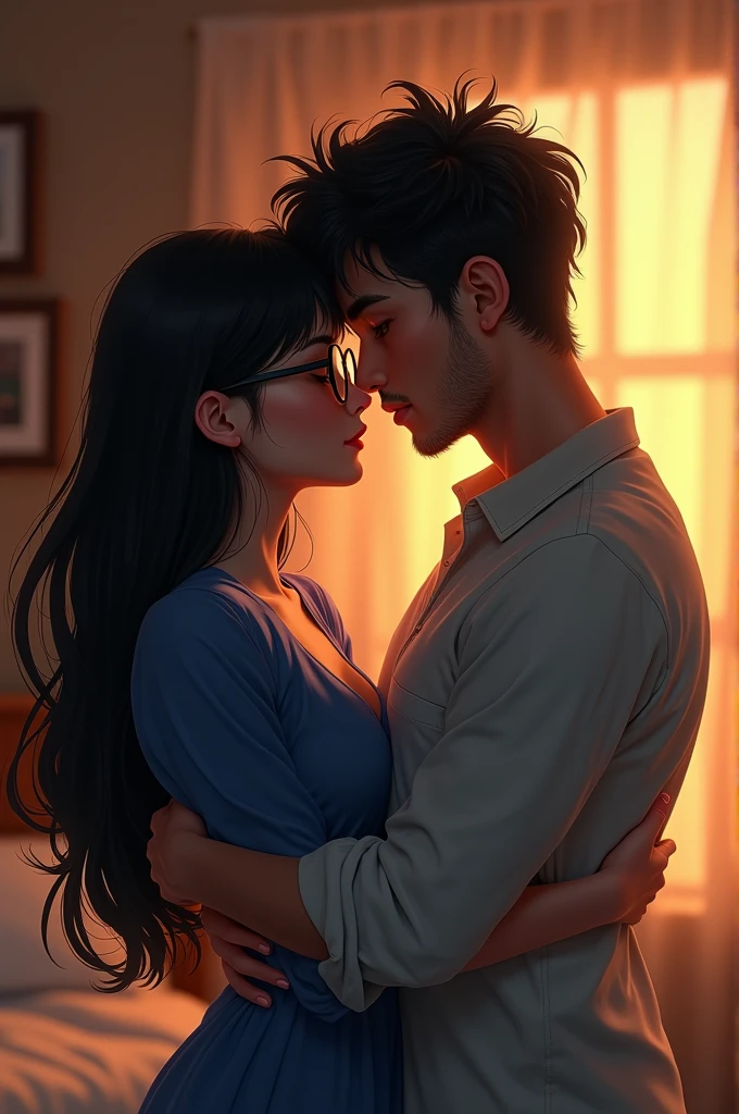 Woman with long black hair in blue blouse wearing glasses hugs man with messy black hair without beard 
