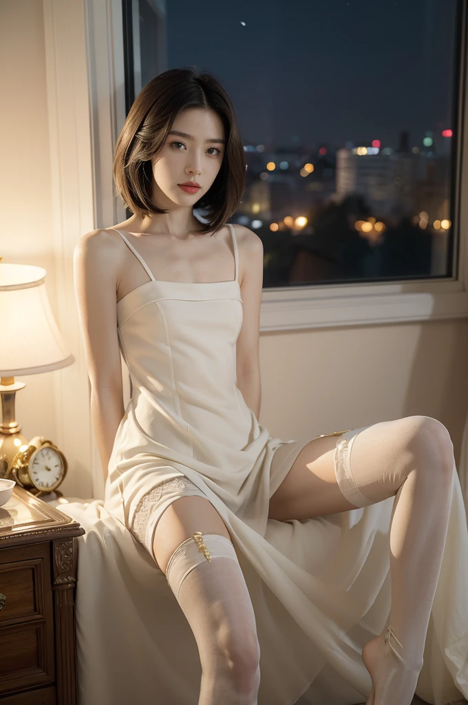 (((best quality))),(((ultra detailed))),(((masterpiece))),illustration,((1 beautiful girl,solo)),(shoulder-length straight bob:1.2),((slim,thin)),((small breasts,flat chest)),(sitting on the bed:1.3),(arms behind back:1.3),(spread legs apart:1.3),(in bedroom:1.3),(white sheer dress:1.3),(stockings:1.3),(slender legs:1.2),distant look,lost in thought,tastefully decorated,warm,inviting color palette,soft beige walls,luxurious comforter,deep gold color,nightstand,lamp,book,dresser,open window,glimpse of garden,calm atmosphere,peaceful,underlying tension,confusion,internal conflict,stark contrast,warmth of room,coldness of gaze,introspection,inner turmoil,complex emotions,(night scene:1.5),((from front,full body))