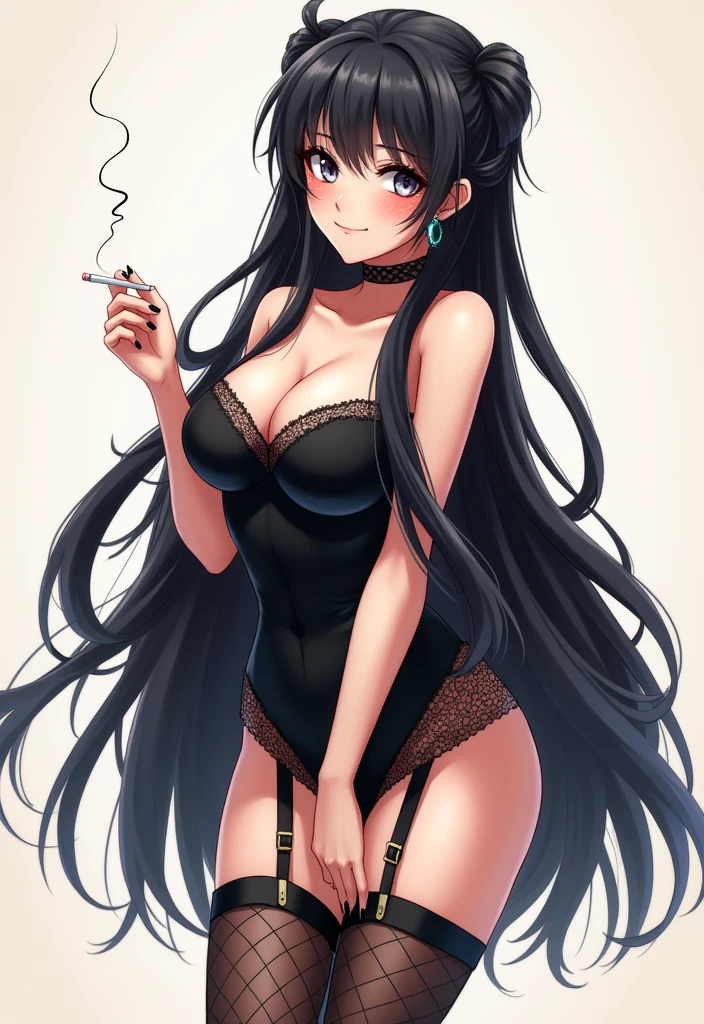One person, Long Hair, Black Hair, Bangs, Large Breasts, Earrings, Tsundere, Simple Background, Character portrait, Character Design, Anime Style, high quality, High-resolution model, bangs, とてもLong Hair, Hime cut, Hair behind ears, Thick hair, smile, Heavy makeup, Character portrait, whole body、Black stiletto heels、Fishnet tights、feet、8th life、tobacco、Standing、I have a cigarette