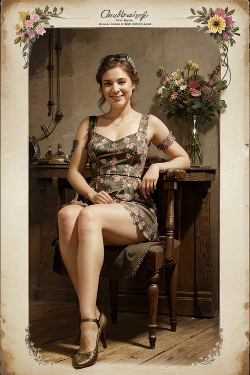 Charlie Bower realistic lithographic sketch of a portrait of a woman,full length.sitting in a chair with her legs up and smiling sweetly. flowers, [gears], pipes, Dieselpunk, colorful ribbons, old paper texture, very detailed