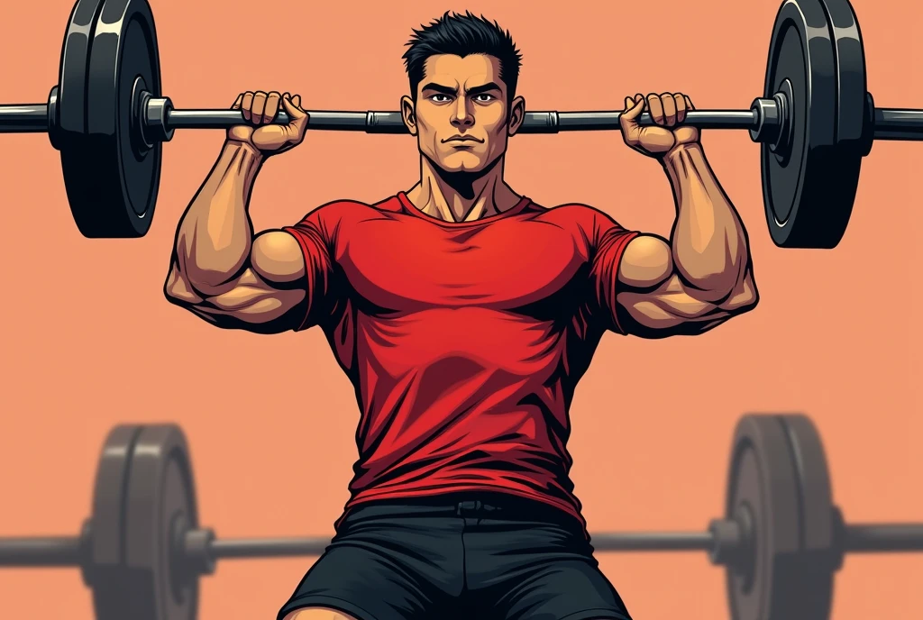 best quality, masterpiece, fill frame, zoomed out, full body, manga style, poster of handsome borneo man, wearing plain red tshirt and black shorts, lifting a barbell, perfect fingers, perfect hands, perfect face, perfection, no background