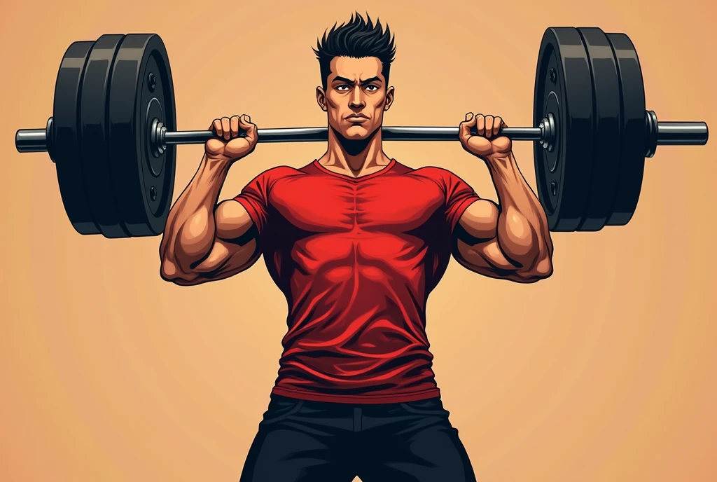 best quality, masterpiece, fill frame, zoomed out, full body, manga style, poster of handsome borneo man, wearing plain red tshirt and black shorts, lifting a barbell, perfect fingers, perfect hands, perfect face, perfection, no background