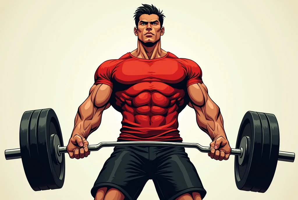 best quality, masterpiece, fill frame, zoomed out, full body, manga style, poster of handsome borneo man, wearing plain red tshirt and black shorts, lifting a barbell, perfect fingers, perfect hands, perfect face, perfection, no background
