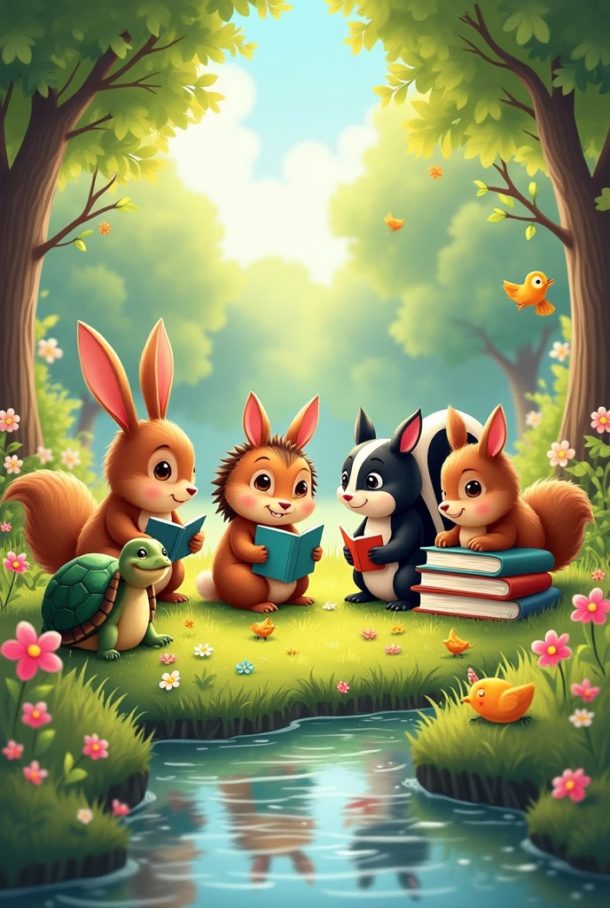 a small turtle and a small hedgehog, a rabbit, a squirrel, a skunk, a bird playing together in kindergarten on a meadow with flowers books river for a children&#39;s book