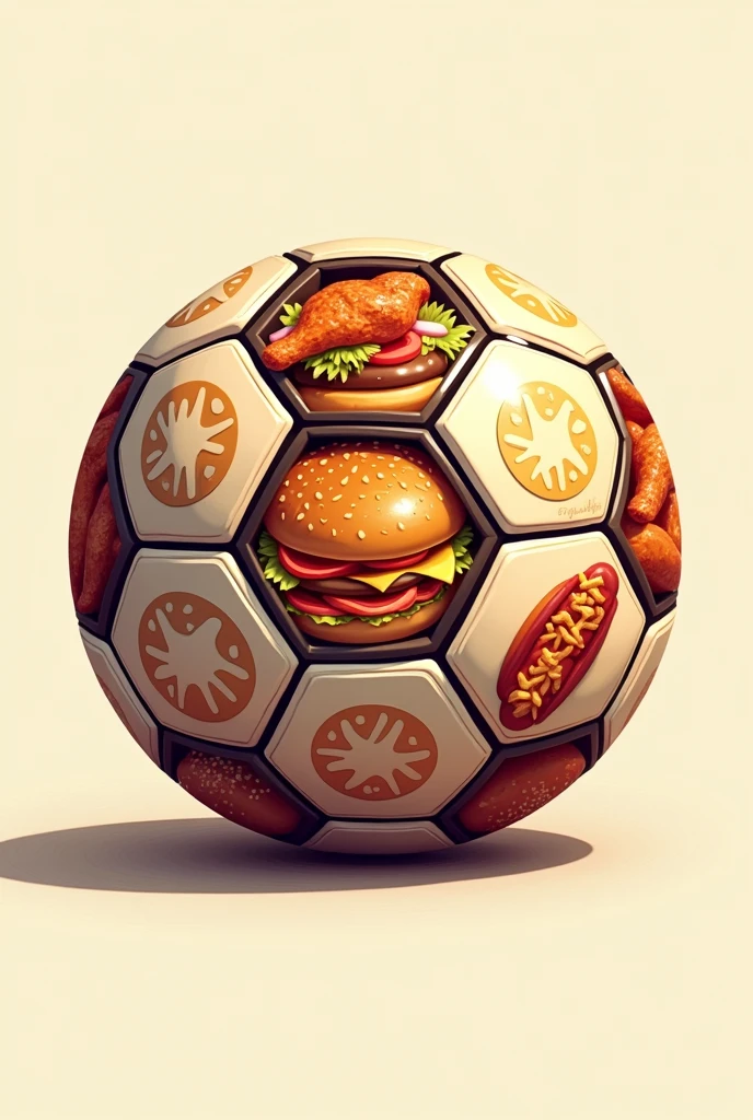 Foodball logo, football with each octagon of the ball is filled with fastfood street dishes. 