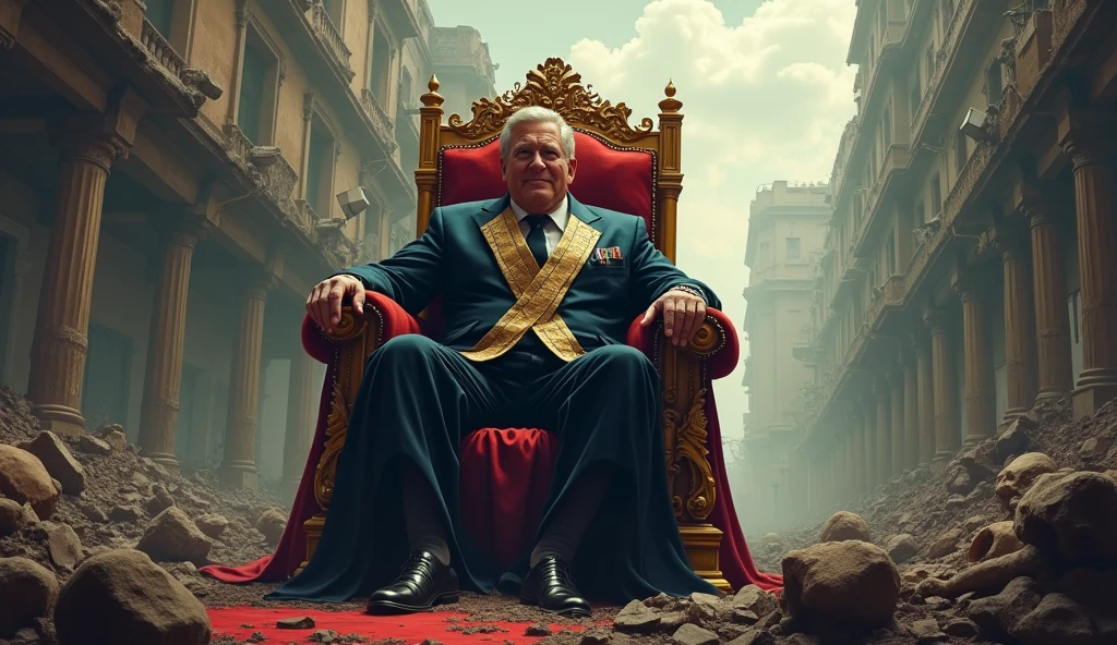 A president sitting on a throne with a destroyed country in the background and under the throne