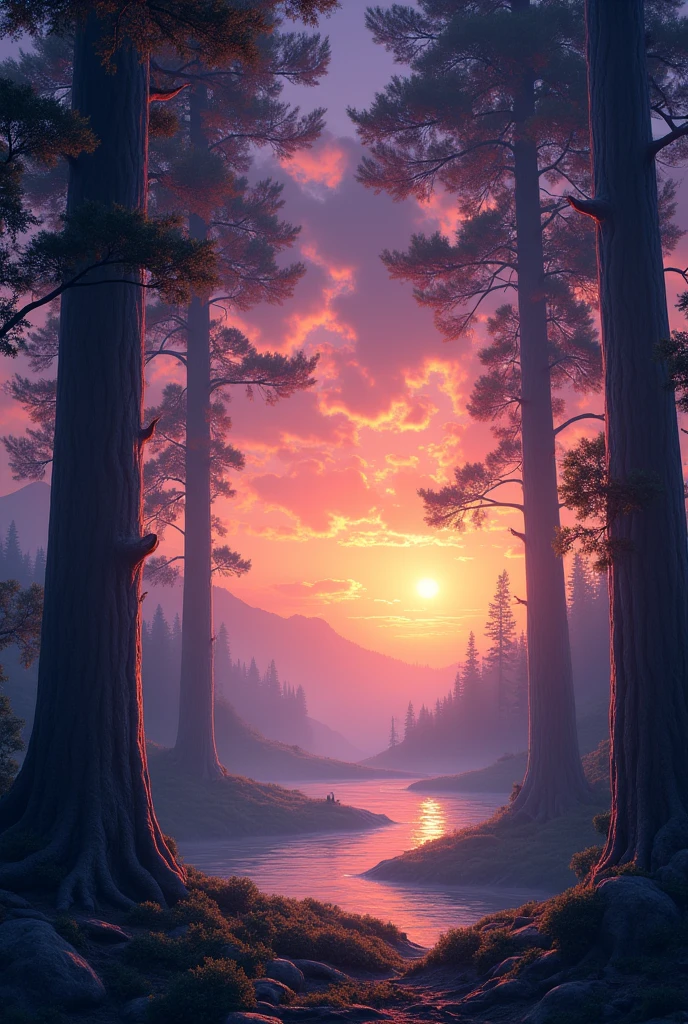 A serene forest at dusk, with the sky painted in shades of purple and orange as the sun sets. Tall, ancient trees stand with their roots deep in the earth, while a light mist begins to settle. The scene is bathed in a mystical, golden light, suggesting a divine presence. In the distance, a wide river glistens, and the silhouettes of distant mountains can be seen under the fading light."