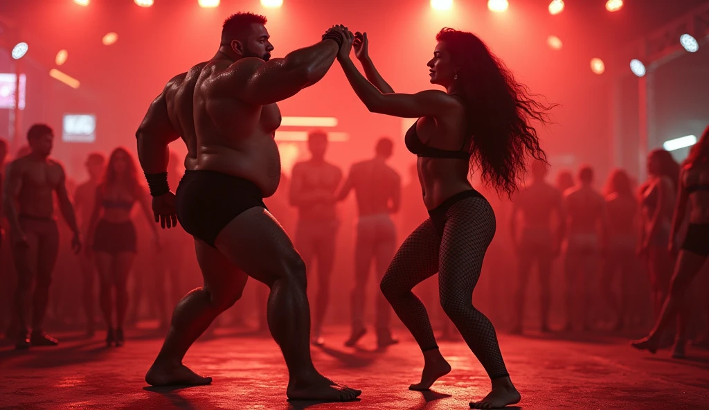 lambada,two people of different nationalities, 2 Sexy 30 years old fat busty fishnet tights body builder　biggest woman sumo wrestling   oily woman ,full body