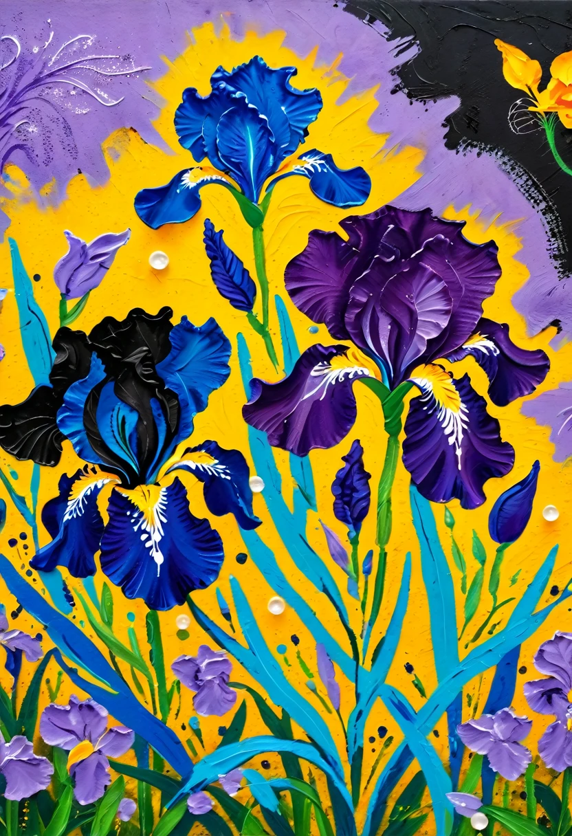 A painting:(((Colorful black,Chalk painting,Oil stick painting,flight,Thick coating,Uneven texture,Plaster texture,Graffiti)))。iris,Dot,Pearl decoration