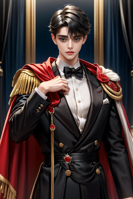 masterpiece, 最high quality, high quality, 1 boy, alone, Male focus, Upper Body,Watching the audience, Messy black hair, Adorable big blue eyes, White, Noble, Noble,A black and red cape that is bursting with sexy volume、Tuxedo、A very voluminous, large, very large, very large, long, long red and black cape with a high stand-up collar, made of a lot of fabric that reaches down to the floor., ,cute beautiful,Cute, cute, kind, handsome guy