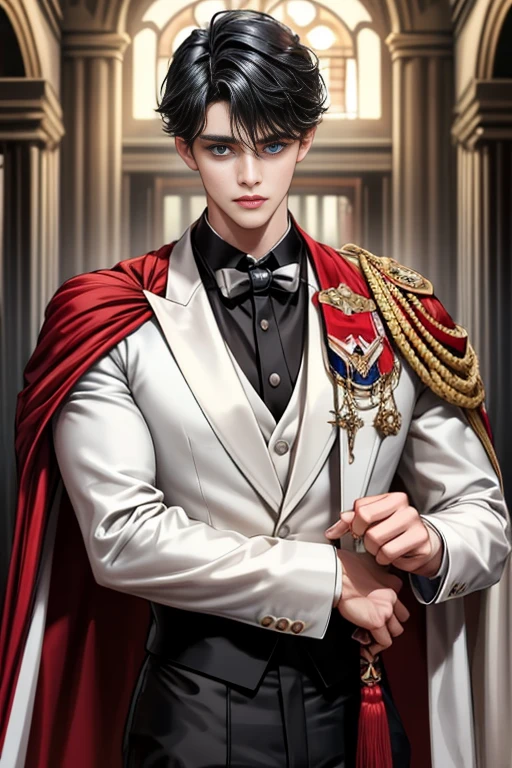 masterpiece, 最high quality, high quality, 1 boy, alone, Male focus, Upper Body,Watching the audience, Messy black hair, Adorable big blue eyes, White, Noble, Noble,A black and red cape that is bursting with sexy volume、Tuxedo、A very voluminous, large, very large, very large, long, long red and black cape with a high stand-up collar, made of a lot of fabric that reaches down to the floor., ,cute beautiful,Cute, cute, kind, handsome guy