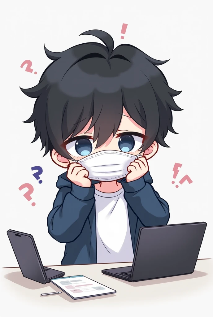 One person,Black Hair, Asymmetrical bangs, Blue Eyes,Drooping eyes,White T-shirt,Navy blue jacket,Hide your nose with a mask,smartphone,computer,Simple background,cute,Default,Illness,Confused eyes,Distributor,Chibi Character