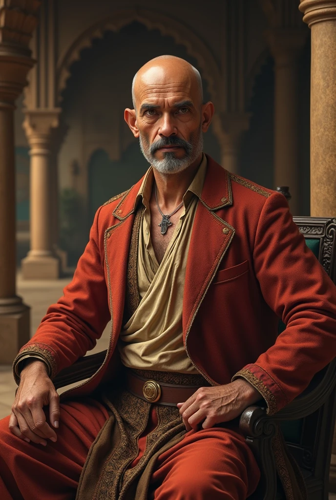 A man,50+ old,defined physique, indian landlord of 1203 AD., no hair, but have a mooch, but not have beard, very fair skinned