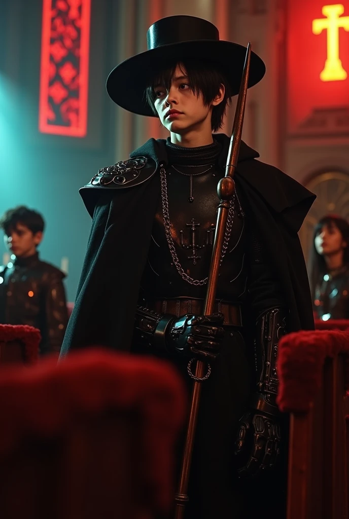 1boy, 2others, church, Highly detailed RAW color Photo, holding staff, holding, cowboy shot, black hair, gloves, hat, hood, cape, from side, profile, makeup, chain, pale skin, robe, pillar,
shoulder armor, gauntlets, pauldrons, mask, dark, full armor, all black armor, black cloak, occult, dark theme, black theme, jewelry, dark, elegant, royal, headpiece, robot, mechanical arm, sci fi, cyborg, robotic circuits, glowing fiber optic cables,
glistening, glowing, dark lighting, dof, depth of field, realistic, dark background, light partials, CINE, fire embers, low-key,