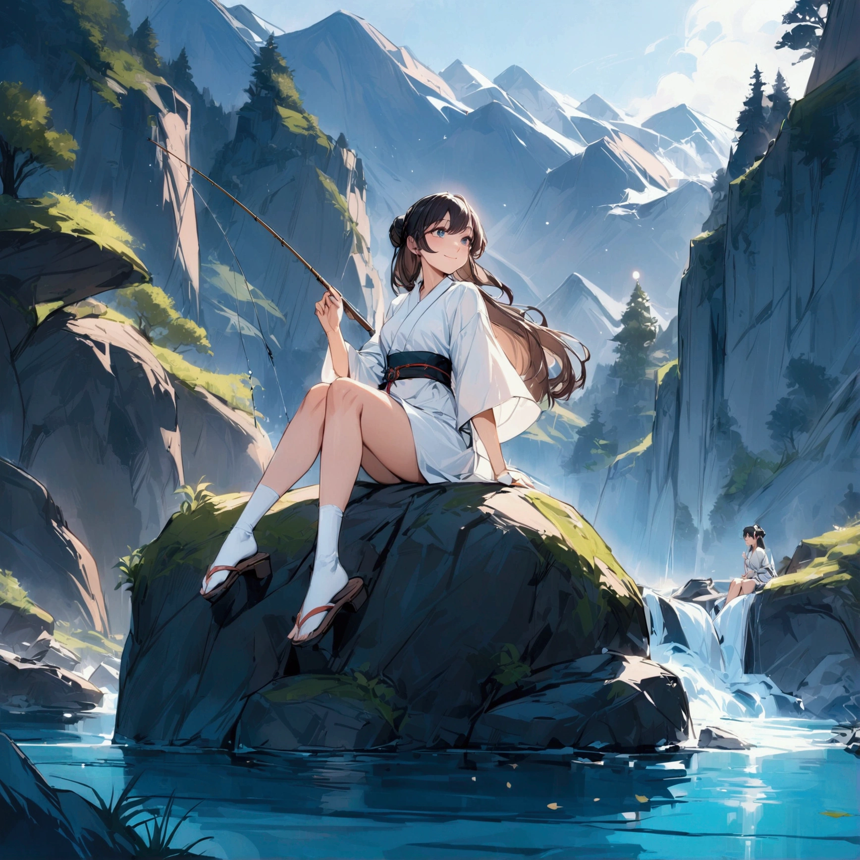 {{masterpiece}}, {{{Highest quality}}},{{Very detailed}},Woman sitting on a rock and fishing,A young Chinese-looking female hermit fishing deep in the mountains,White attire, miniskirt,WHITE glove,carefree expression,Chinese sandals,white socks,{{beautiful eyes ,high definition eyes,beautiful eyes}},Thick Kimono Belt,smile kindly