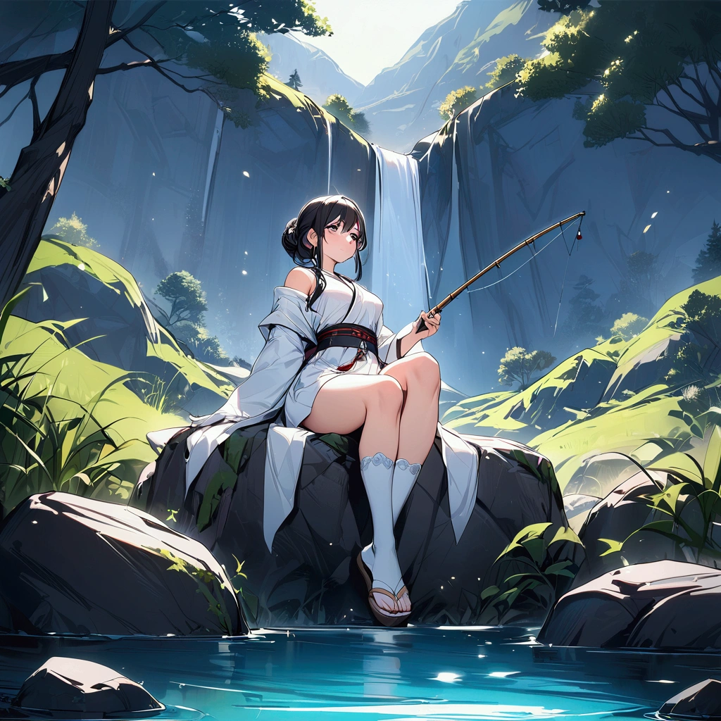 {{masterpiece}}, {{{Highest quality}}},{{Very detailed}},Woman sitting on a rock and fishing,A young Chinese-looking female hermit fishing deep in the mountains,White attire, miniskirt,WHITE glove,carefree expression,Chinese sandals,white socks,{{beautiful eyes ,high definition eyes,beautiful eyes}},Thick Kimono Belt,smile kindly
