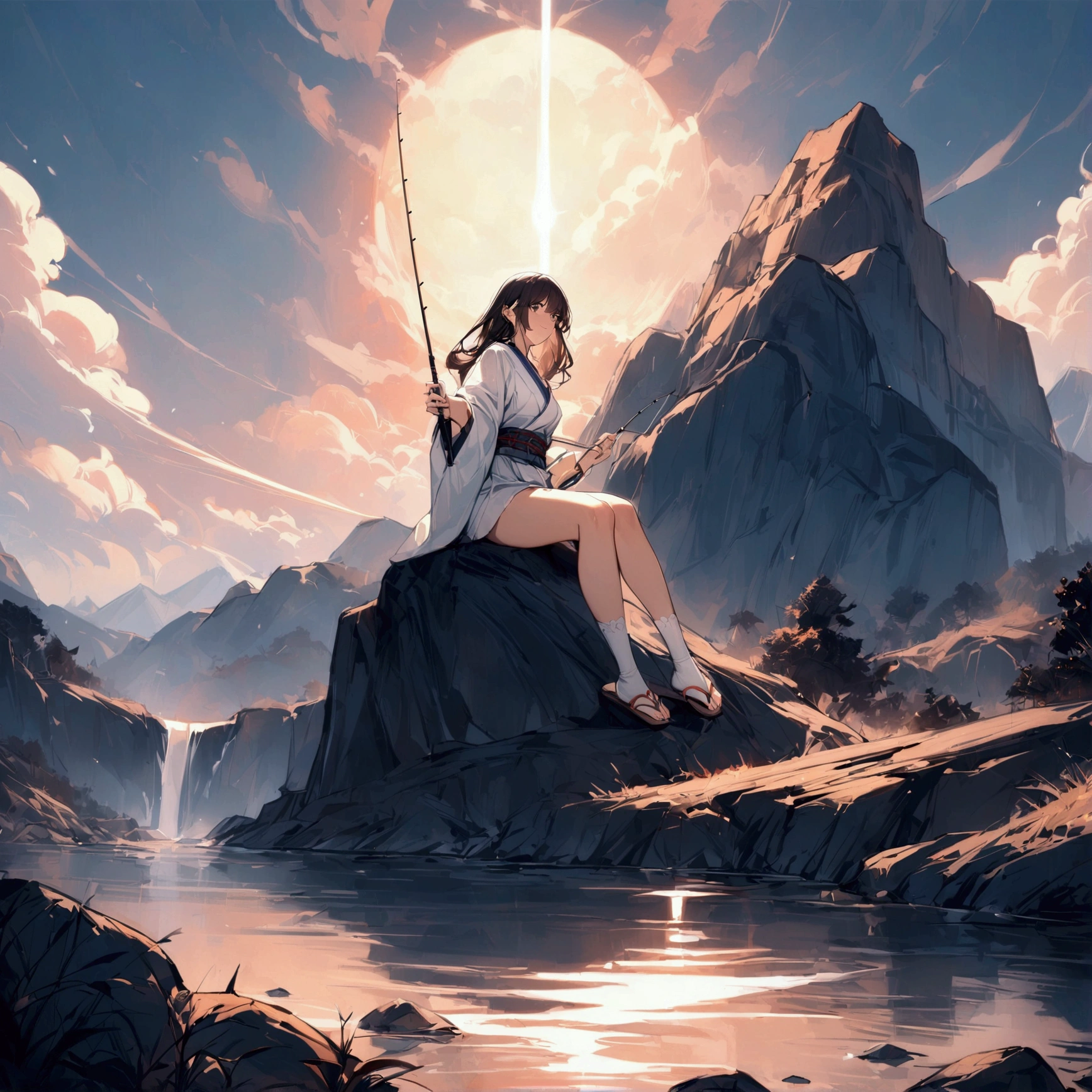 {{masterpiece}}, {{{Highest quality}}},{{Very detailed}},Woman sitting on a rock and fishing,A young Chinese-looking female hermit fishing deep in the mountains,White attire, miniskirt,WHITE glove,carefree expression,Chinese sandals,white socks,{{beautiful eyes ,high definition eyes,beautiful eyes}},Thick Kimono Belt,smile kindly