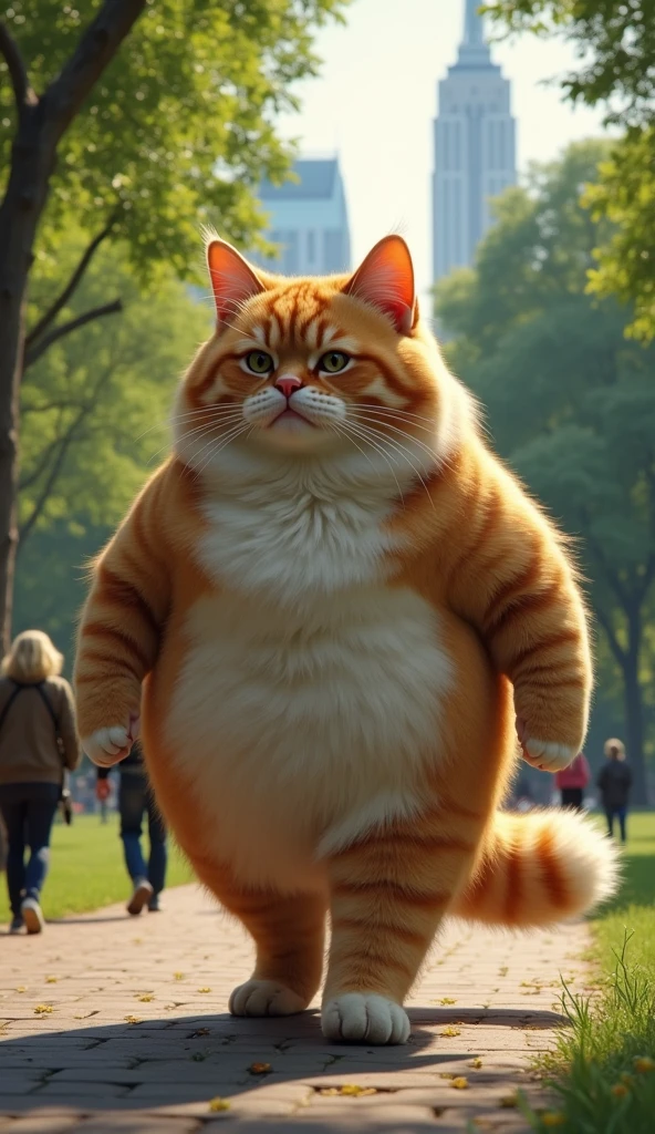 Newspaper photo\(realistic big fat cat walking arround central park) chill out, feeling adolescent, at central park side, color photo\)
