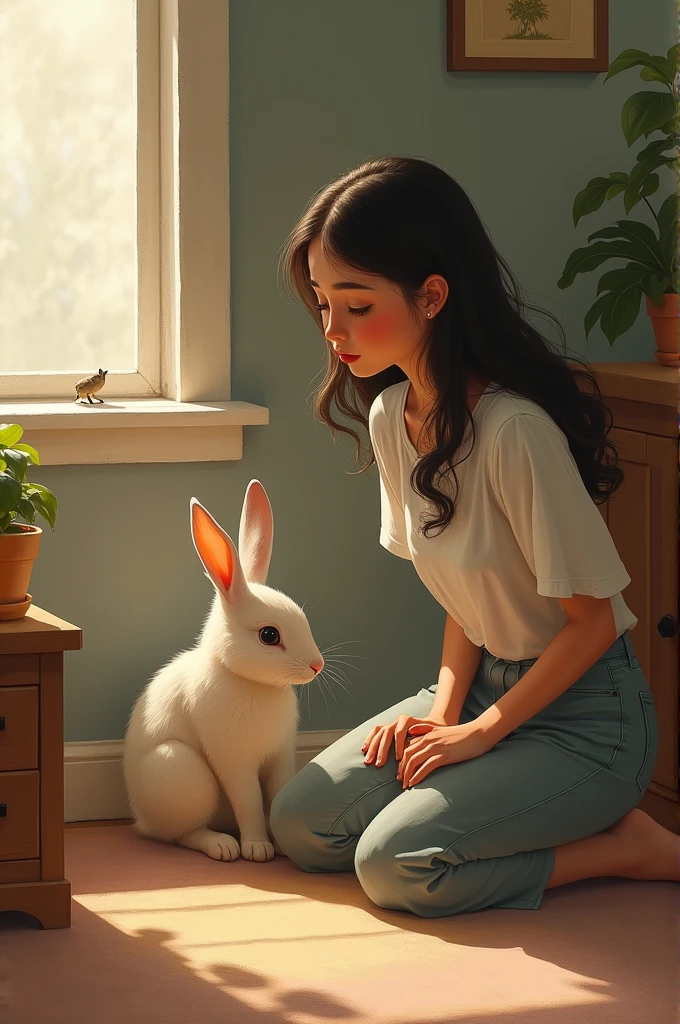 Radha noticing the rabbit looking sad and sitting quietly in a corner of her room. Radha kneels down beside the rabbit with a concerned expression, gently placing her hand on its back, trying to understand what’s wrong.