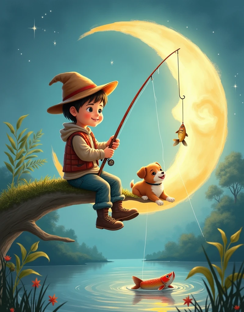 illustration，1 cute little fisherman，Sitting on the moon，Hand holding a fishing rod for fishing，(A carp took the hook:1.3)，There is a puppy lying at my feet，There is a calm lake at the bottom of the picture，Beautiful bright colors，Fairytale pictures，Light background
