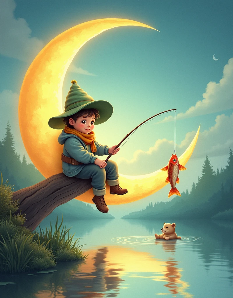 illustration，1 cute little fisherman，Sitting on the moon，Hand holding a fishing rod for fishing，(A carp took the hook:1.3)，There is a puppy lying at my feet，There is a calm lake at the bottom of the picture，Beautiful bright colors，Fairytale pictures，Light background