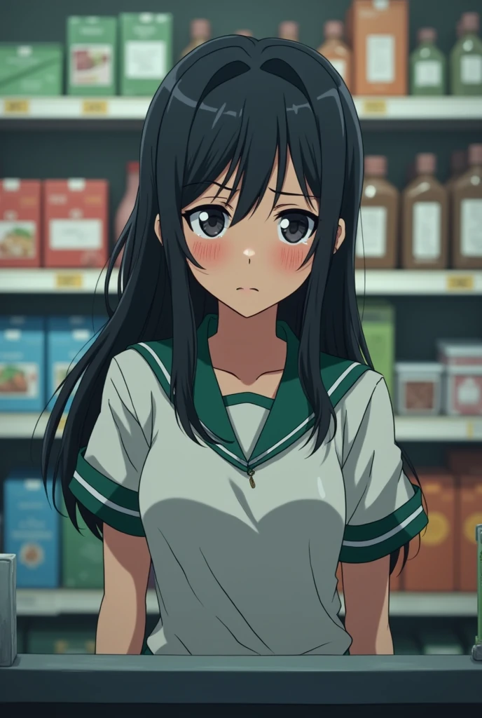 Cashier supermarket anime girl full of despresion face