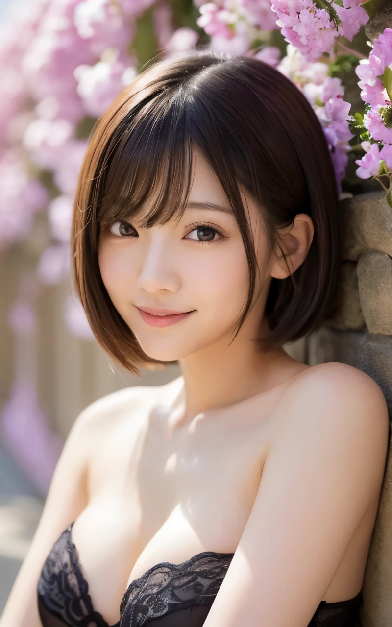 masutepiece, Best Quality, Illustration, Ultra-detailed, finely detail, hight resolution, 8K Wallpaper, Perfect dynamic composition, Beautiful detailed eyes, Women's Fashion,Very short hair,Small breasts natural color lip, full body shot, Bold sexy poses,Smile,Harajuku、topless, 20 years girl、Cute、Sexy shot looking at camera