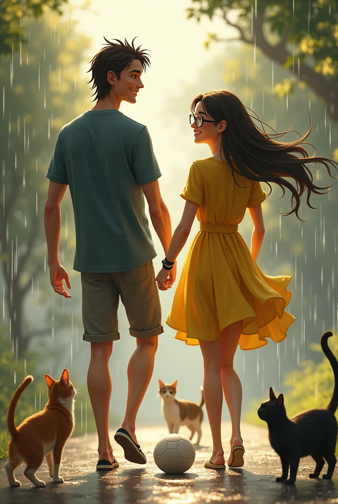 A couple, long sleeve black shirt , skinny guy with long hair like Ibrahimovic and low beard boy And A girl who is yellow dressed,head bend,wristband and wear eye glasses, and some cat are enjoying rain and playing with football together