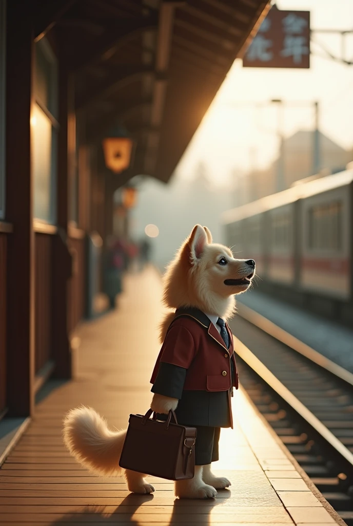 35mm lens，Multiple Angles，~ side，silhouette，Overhead Shot，dog，Are standing，doll，Carrying a small school bag，Tram，Hokkaido，Autumn Station，Wooden house，platform， Cape,Nguyen Gia,suit,tie, (Delicate face), (High-quality fluffy fur)，（35mm cinema lenses），（Multi-angle shooting），（Wide range of angles）