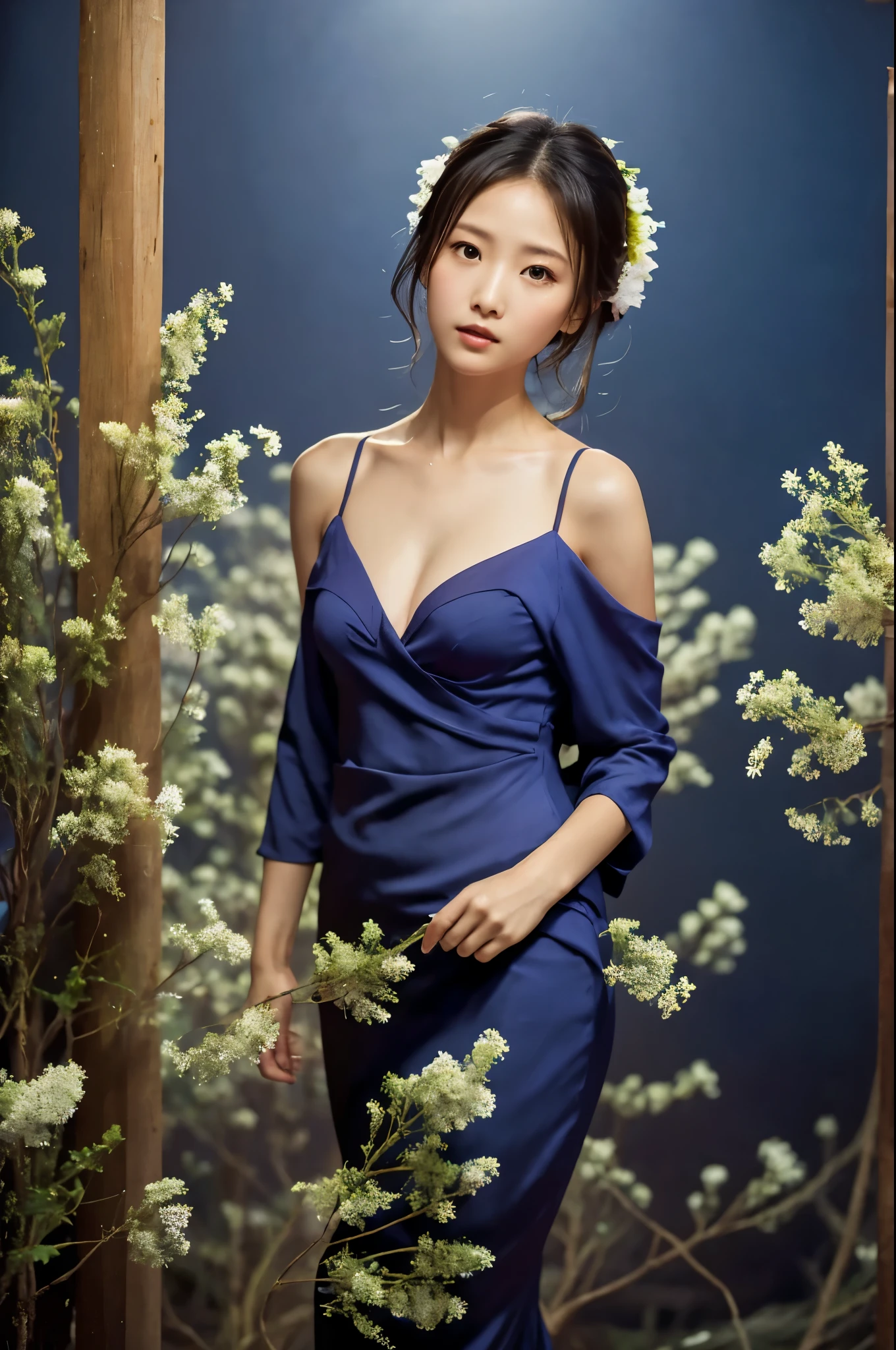 Medium breast, off shoulder, A girl standing against a background of moonlight and a sea of flowers,more elegant and dusty,a person々Let yourself be immersed in this beautiful picture。Her every move is like a beautiful dance.,As if melting into this sea of flowers,Expressing the beauty of ancient style, fireflies, dark forrest,