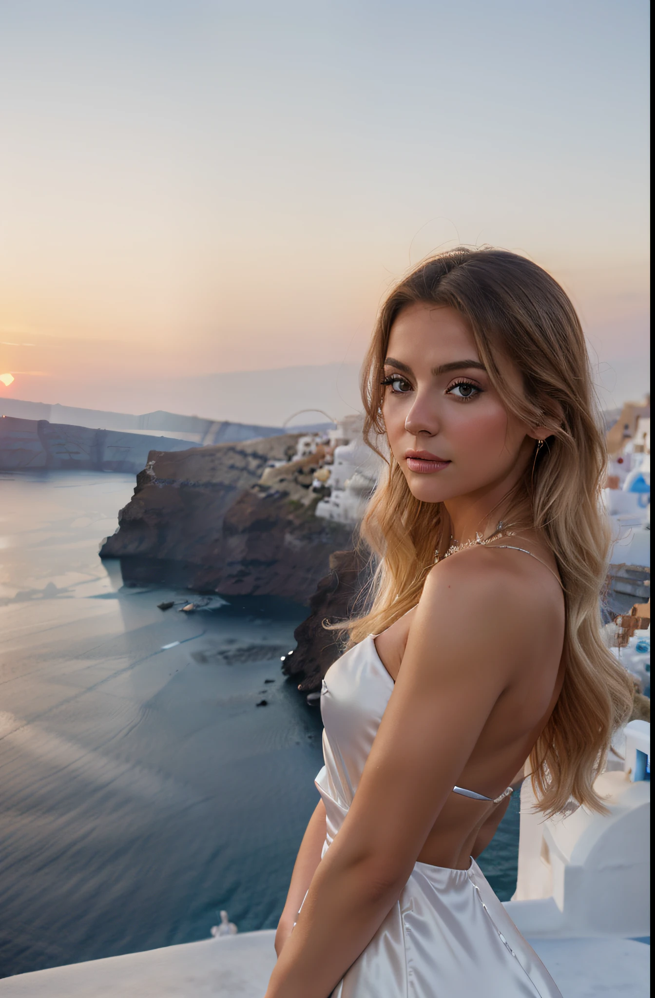 Santorini, Greece, Watching the sunset, make up, (masterpiece), Best Quality, High resolution, extremely detailed, blurred background, depth of field, cinematic lighting, Young skin, bright, blanca y bright., Whole body, distant photo, Dazzling platinum brown hair