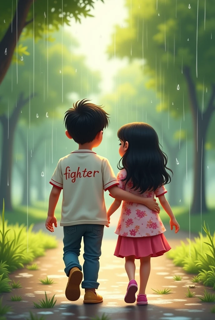 a Indian couples   younger  , walking in park , rain weather both hands in shoulder enjoying rain
 the boy is wearing a white printed  shirt , the girl with pink white mix printed shirt and without in shirt,stylish and  boy name with "FIGHTER" small written on it's back , girl name with "SPANDANA" small written on it's back ,  in big and bold fonts, 3d illustration 
