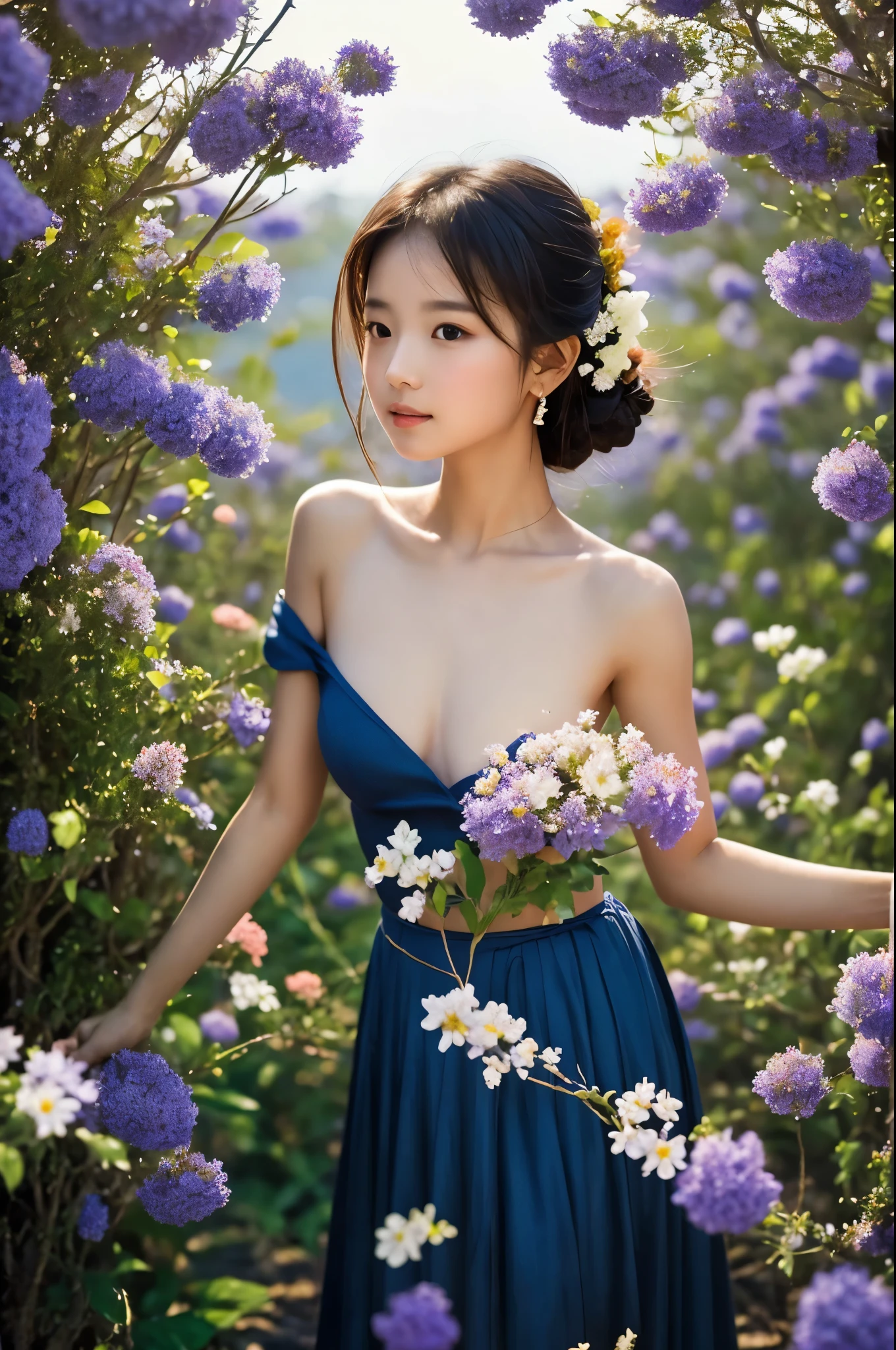 Medium breast, off shoulder, A girl standing against a background of moonlight and a sea of flowers,more elegant and dusty,a person々Let yourself be immersed in this beautiful picture。Her every move is like a beautiful dance.,As if melting into this sea of flowers,Expressing the beauty of ancient style, fireflies, dark forrest,