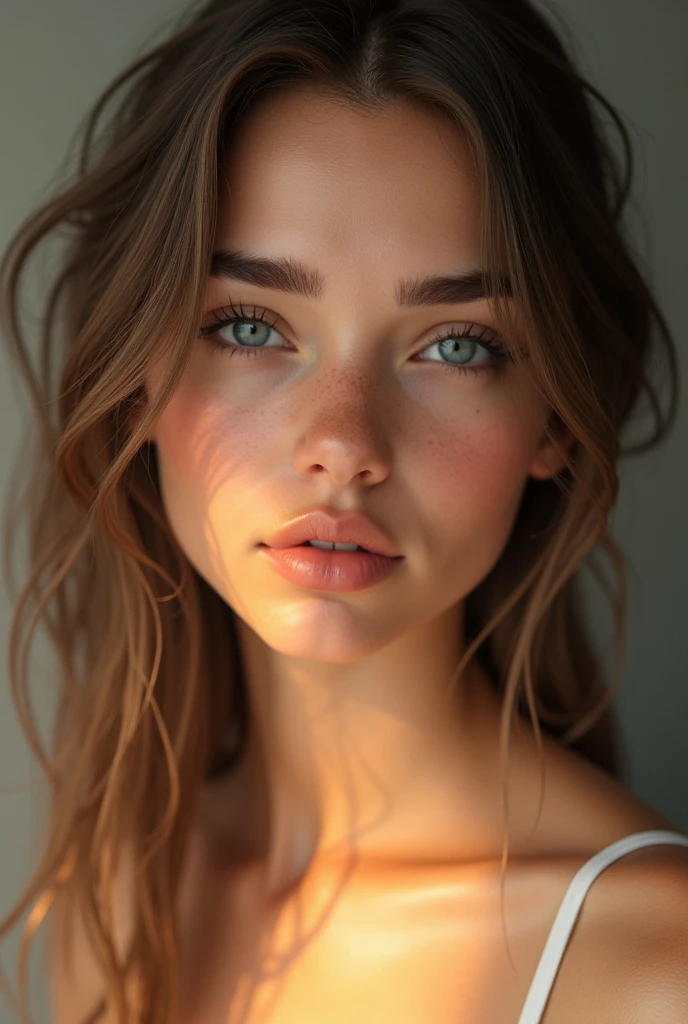 (photorealism:1.2),a girl face She has A healthy skin complexion and rosy “glow”, often with a golden or olive hue that glows under the light. Her eyes are large and Lustrous typically light blue with long eyelash,that enhance their depth and mystery. Her eyebrows are naturally thick and beautifully shaped, giving her an expressive and confident look.she has a bottom nose, balancing her soft, rounded cheeks and high cheekbones. Her lips are naturally pink and shape has an upper-to-lower lip ratio of 1:2 . The overall balance of her features reflects delicate beauty, with a timeless allure.
