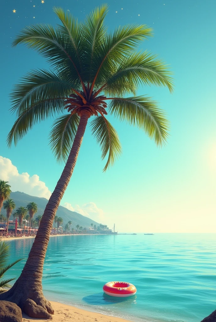 Create a palm tree in the background sea and behind it you can see a party mrile on Mallorca below the palm tree is a swimming ring above it are stars