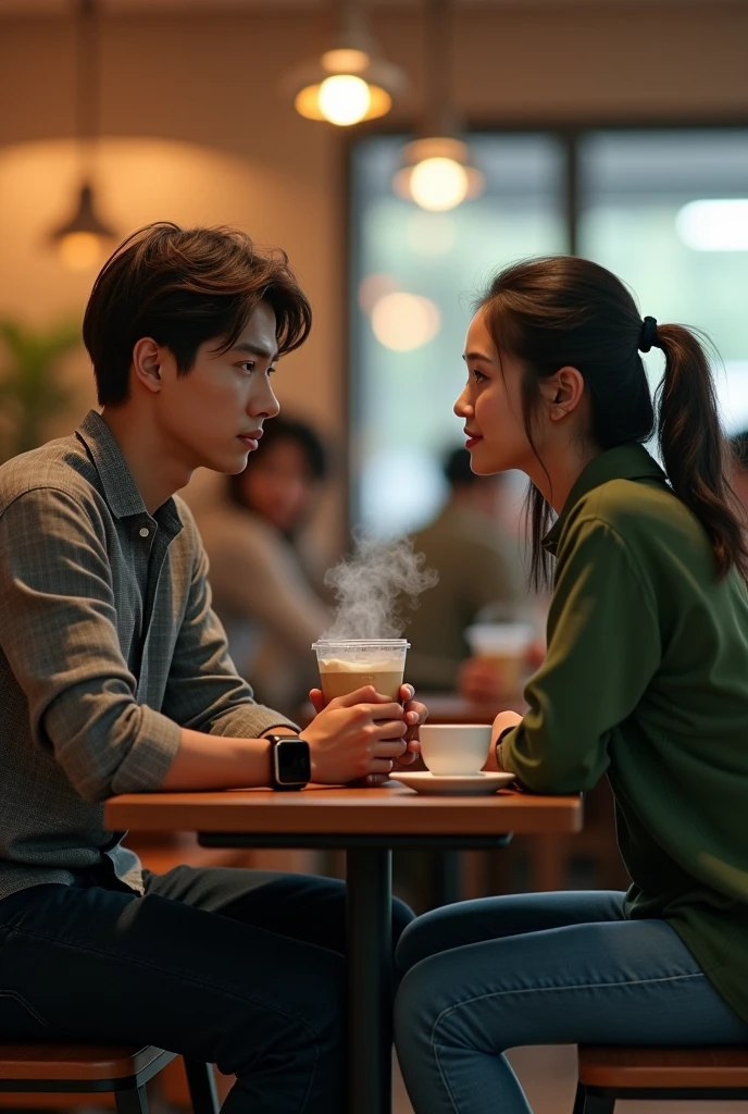 A couple is sitting and talking in the cafeteria, the boy is a little nervous, the boy is wearing a gray check shirt and smart watch, and the girl is wearing a green top and jeans.