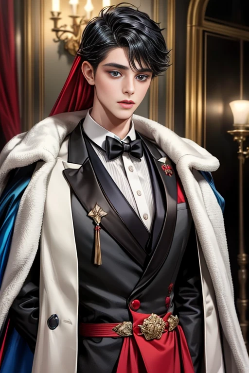masterpiece, 最high quality, high quality, 1 boy, alone, Male focus, Upper Body,Watching the audience, Messy black hair, Adorable big blue eyes, White, Noble, Noble,A black and red cape that is bursting with y volume、Tuxedo、A very voluminous, large, very large, very large, long, long red and black cape with a high stand-up collar, made of a lot of fabric that reaches down to the floor., ,cute beautiful,Cute, cute, kind, handsome guy