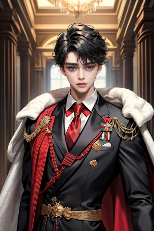 masterpiece, 最high quality, high quality, 1 boy, alone, Male focus, Upper Body,Watching the audience, Messy black hair, Adorable big blue eyes, White, Noble, Noble,A black and red cape that is bursting with sexy volume、Tuxedo、A very voluminous, large, very large, very large, long, long red and black cape with a high stand-up collar, made of a lot of fabric that reaches down to the floor., ,cute beautiful,Cute, cute, kind, handsome guy