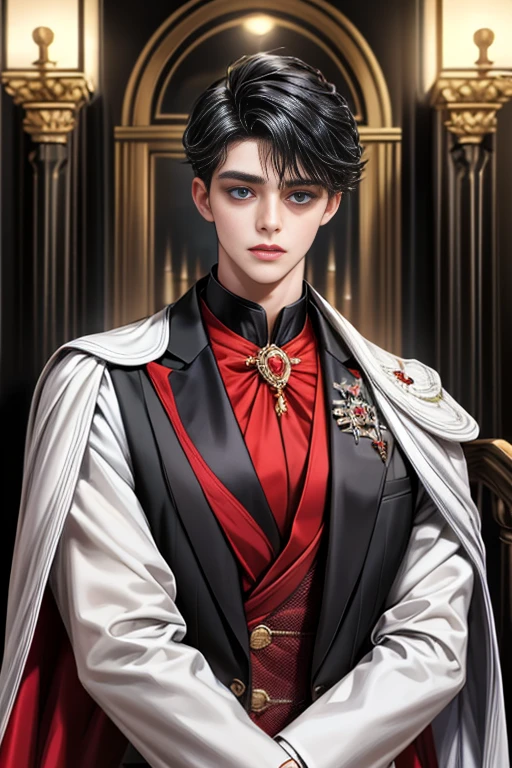 masterpiece, 最high quality, high quality, 1 boy, alone, Male focus, Upper Body,Watching the audience, Messy black hair, Adorable big blue eyes, White, Noble, Noble,A black and red cape that is bursting with sexy volume、Tuxedo、A very voluminous, large, very large, very large, long, long red and black cape with a high stand-up collar, made of a lot of fabric that reaches down to the floor., ,cute beautiful,Cute, cute, kind, handsome guy