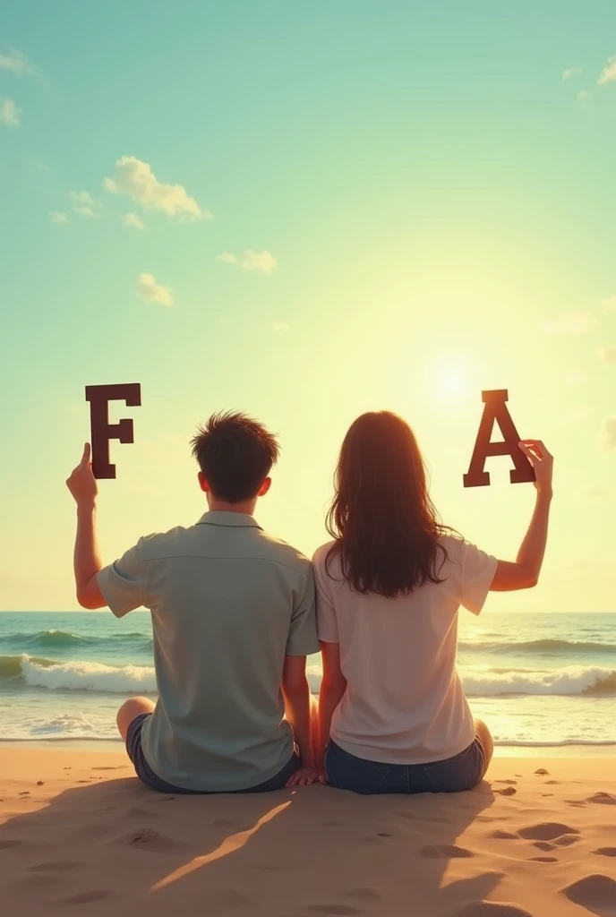 Couples holding lettter f and a at beach sitting
Turning their back