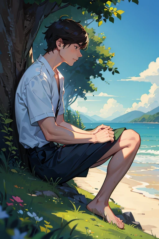 male,profile,Landscape,Sitting,barefoot