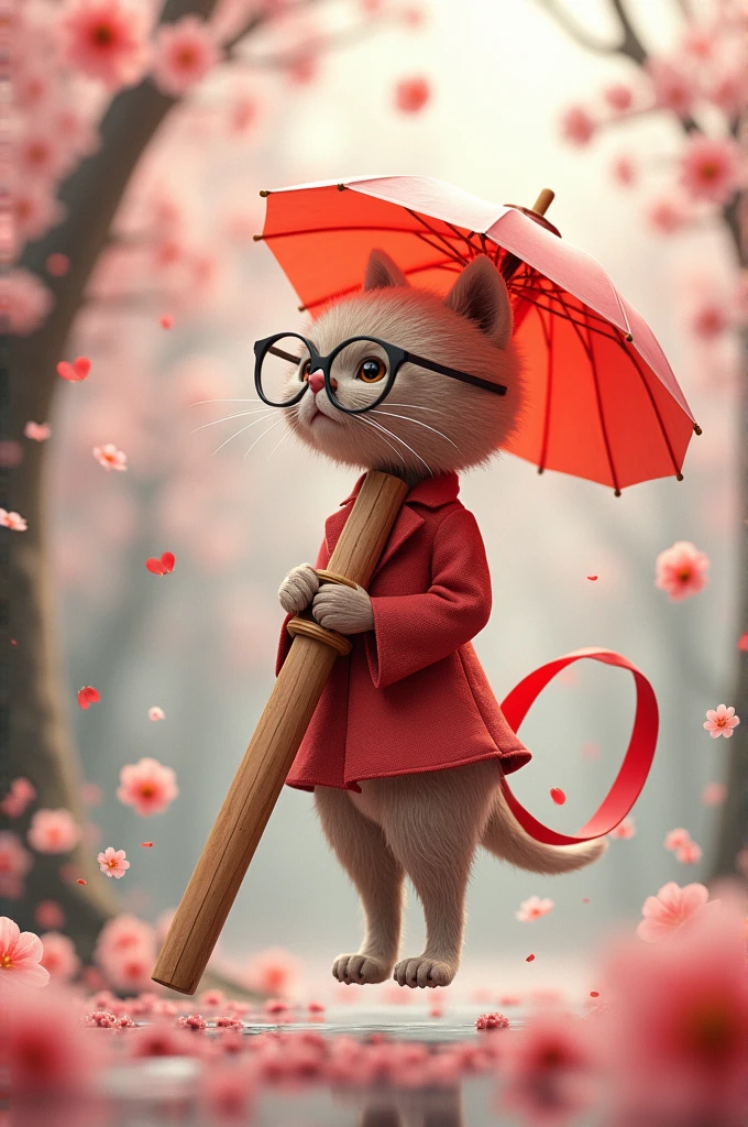 Wooden sword, red umbrella and glasses intertwined by a red ribbon and floating cherry blossoms 